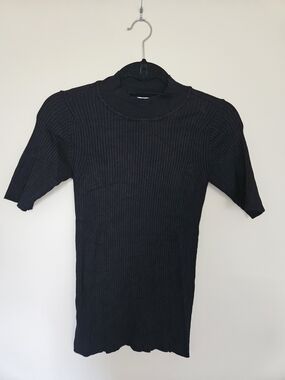 Black Ribbed Cowl Neck Short-Sleeve Sweater